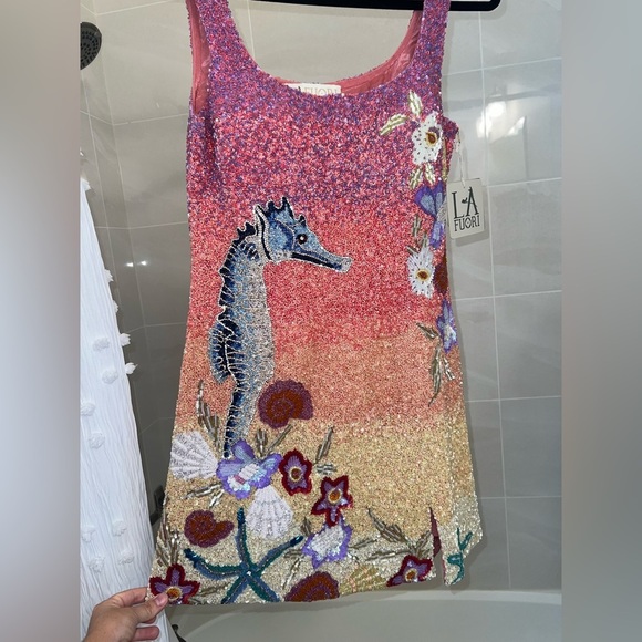NWT La Fuori golden hour hand beaded oasis mini dress - sunset - ocean  - Large - Picture 13 of 13